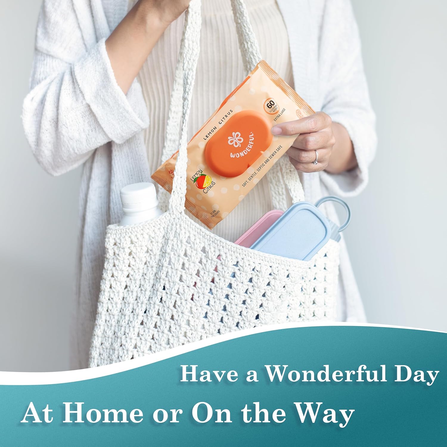 WONDERFUL Flushable Wipes, Lemon Citrus 100% Plant-Based Wet Butt Wipe for Adults & Kids, Sewer Septic Safe, Gentle for Sensitive Skin, Wipes Flushable Pack for Bathroom & Travel, 6-Pack (360 Counts)