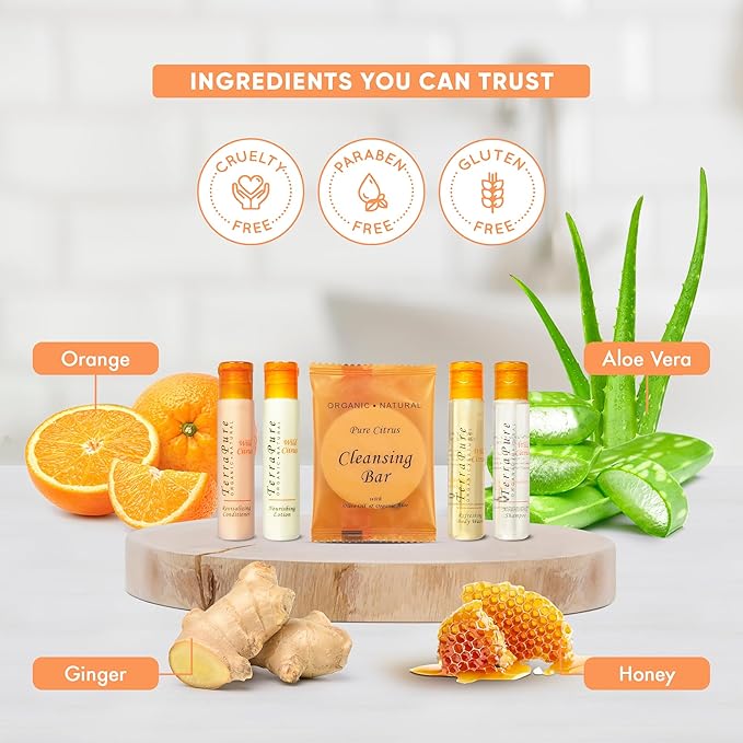 Terra Pure Wild Citrus Hotel Amenities Set | 1-Shoppe Amenities Kit | 1oz Shampoo, Conditioner, Body Wash, Lotion, Bar Soap | Travel Size | 300 Pieces