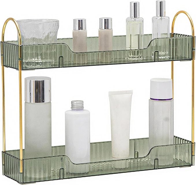 YCIA&DONE 2 Tiers Narrow Vanity Makeup Organizer, Bathroom Organizers Countertop Slim, Perfume Holder Skincare Storage Cosmetic Shelf Spice Rack, for Small Desktop Counter Space, Vintage Green