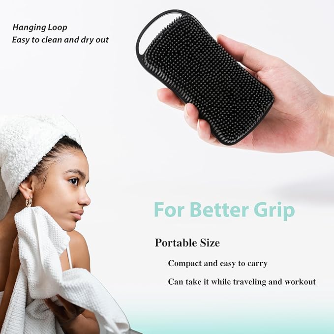2 PC Silicone Body Scrubber, 2 in 1 Exfoliating Shower Bath Scrubber, Soft Silicone Loofah for Sensitive Skin, Shower Hair Scalp Massager, Easy to Clean, Lather Well (Black&Green)