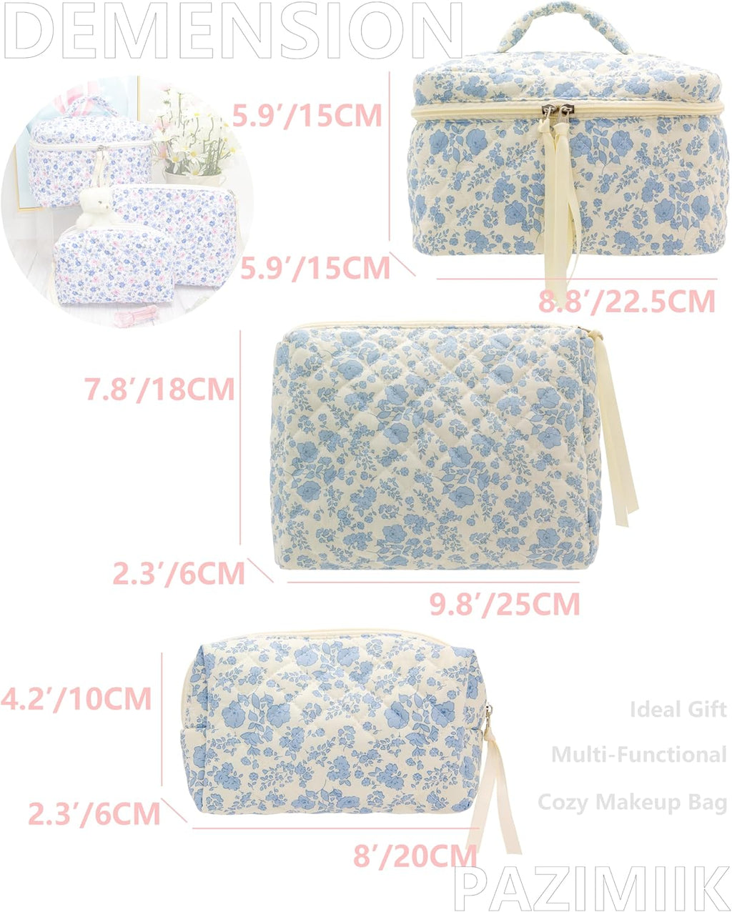 PAZIMIIK 3PCS Makeup Bag SET Large Travel Quilted Zipper Soft Cosmetic Case Pouch for Women Girls Make Up,Little Flower Blue