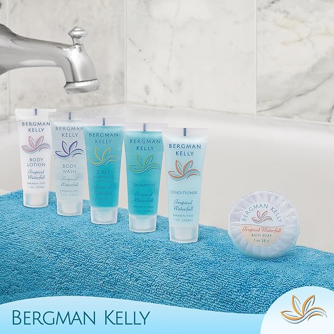 Bergman Kelly - Travel Size 2 in 1 Shampoo & Conditioner - 1 fl oz, 18000 PK, Tropical Waterfall - Delight Your Guests w/Invigorating & Refreshing Shampoo Amenities - Small Hotel Toiletries in Bulk