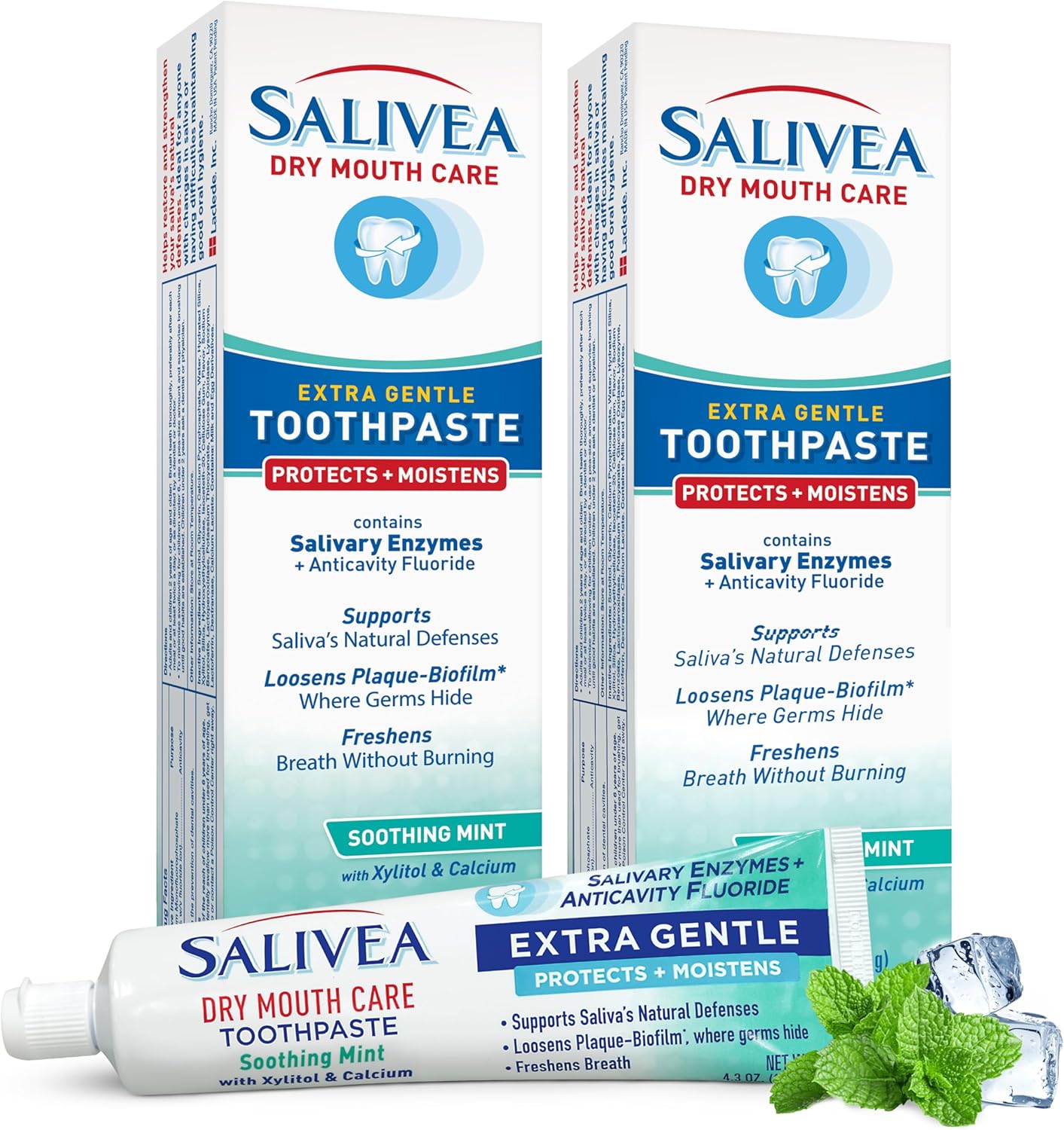 SALIVEA Gentle Toothpaste for Dry Mouth Care, 4.3 oz Tube, 2 Pack, Anticavity with Fluoride, Natural Salivary Enzymes, Vitamin E & Aloe Vera, Cleans, Moisturizes & Refreshes Breath, Soothing Mint