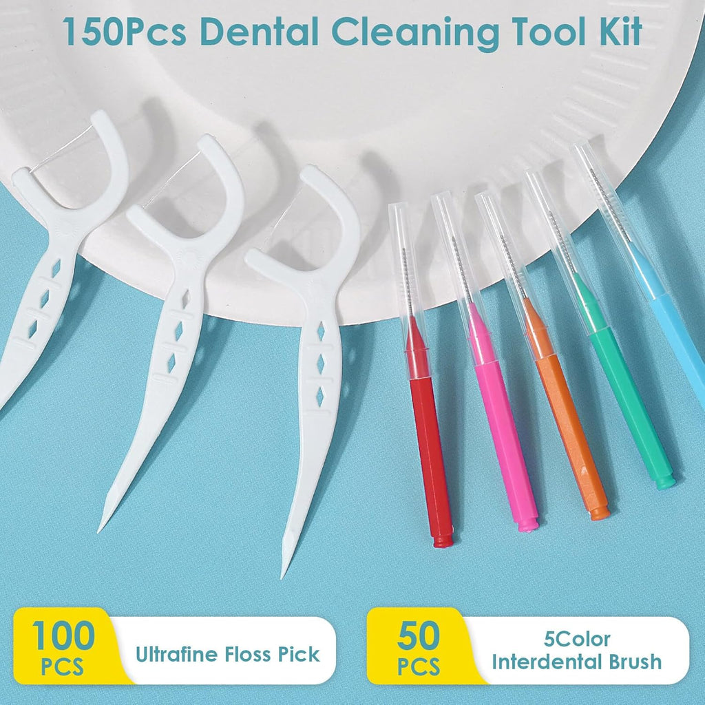 150Pcs Interdental Brushes & Floss Picks Kit, 100Pcs Dental Floss Picks & 50Pcs Braces Brush in 5Sizes, Bendable Braces Flossers Interdental Brushes Between Teeth Oral Tooth Braces Cleaner Kit
