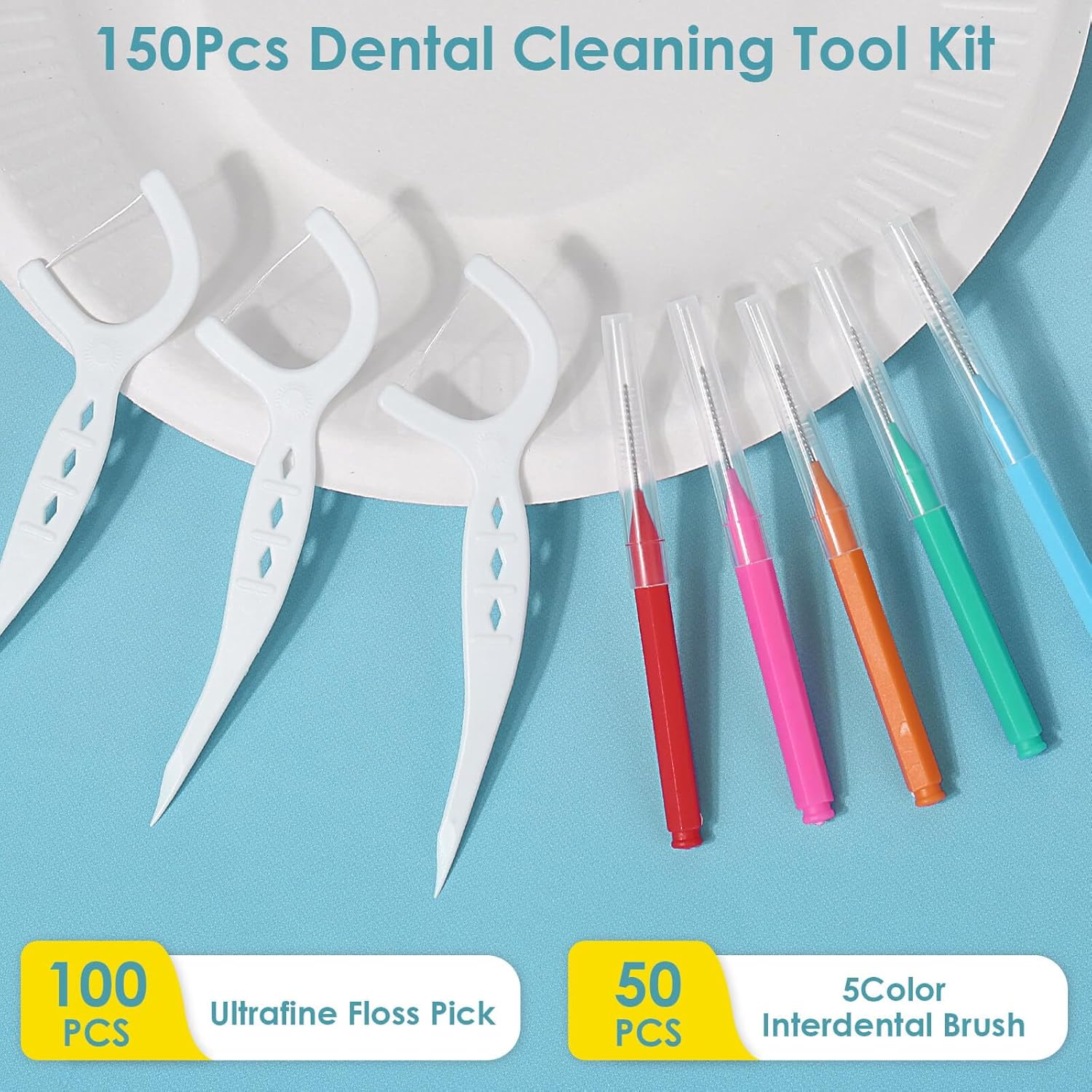 150Pcs Interdental Brushes & Floss Picks Kit, 100Pcs Dental Floss Picks & 50Pcs Braces Brush in 5Sizes, Bendable Braces Flossers Interdental Brushes Between Teeth Oral Tooth Braces Cleaner Kit