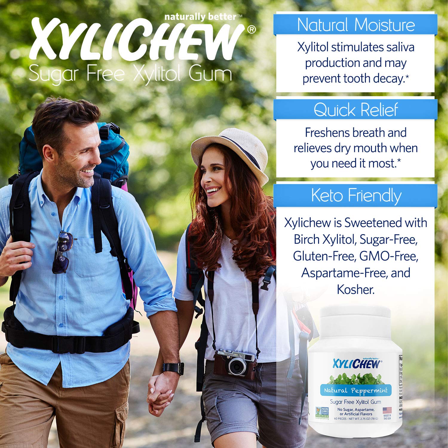 Xylichew 100% Xylitol Chewing Gum - Non GMO, Non Aspartame, Gluten Free, and Sugar Free Gum - Natural Oral Care, Relieves Bad Breath and Dry Mouth - Peppermint, 60 Count