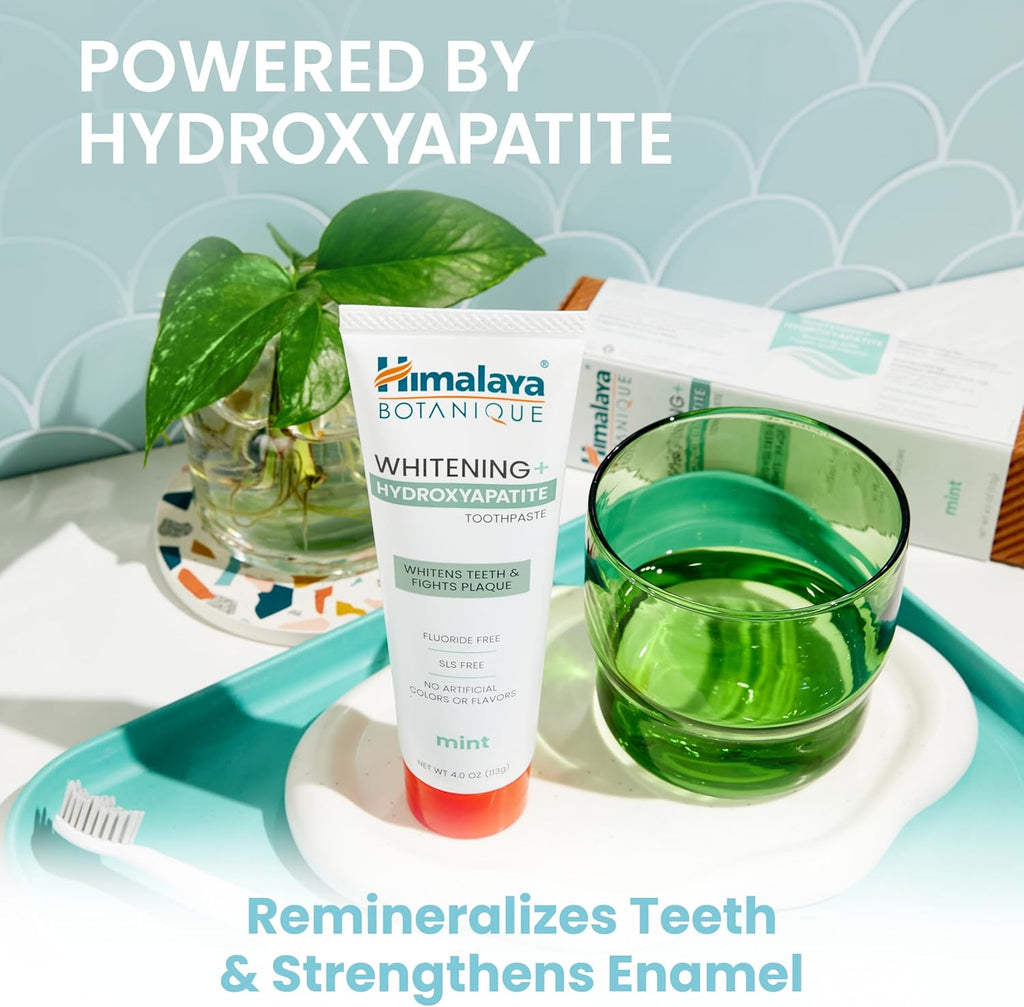 Himalaya Botanique Whitening + Hydroxyapatite Toothpaste, Mint Flavor - Nano Hydroxyapatite to Support Remineralization and Restore Enamel to Strengthen Teeth - Vegan, Gluten Free, 4 oz (Pack of 4)