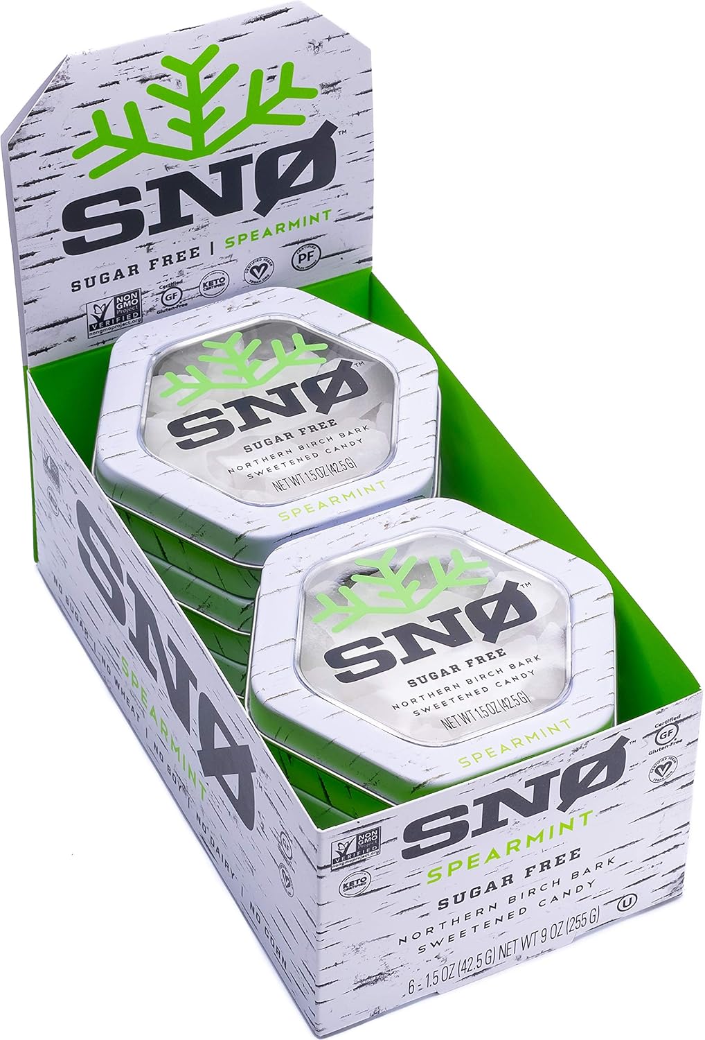 Spearmint KETO Xylitol Candy Chips (6-Pack) - SNØ 1.5oz Tin - Sugar-Free Candy With Only 2 Ingredients | Low Carbs, Diabetic-Friendly, Non-GMO, Vegan, GF & Kosher | Purest candy in the world!