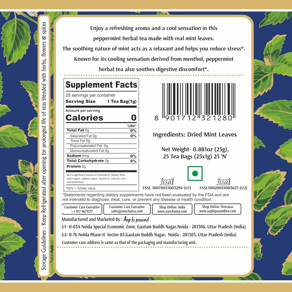 Sancha Tea Boutique, Peppermint Tea, Caffeine Free Herbal Tisane, 25 Pyramid Bags, Real Peppermint Leaves, Soothing & Relaxing