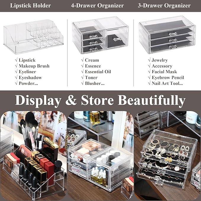 Sea Team 3-Layer Stackable Clear Makeup Organizer with Drawers, Acrylic Plastic Cosmetic Display Case, Jewelry Storage Box for Dresser, Bathroom, Vanity, Countertop (7 Drawers, 1 Lipstick Holder)