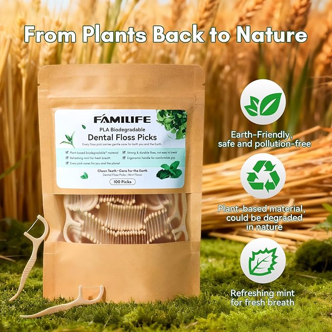 FAMILIFE Eco-Friendly Floss Picks (200Pcs) - Plant Based Dental Floss Picks with Strong Toughness, Natural Tooth Picks Flossers for Adults Daily Oral Cleaning & Gentle Gum Care, Mint Flavor