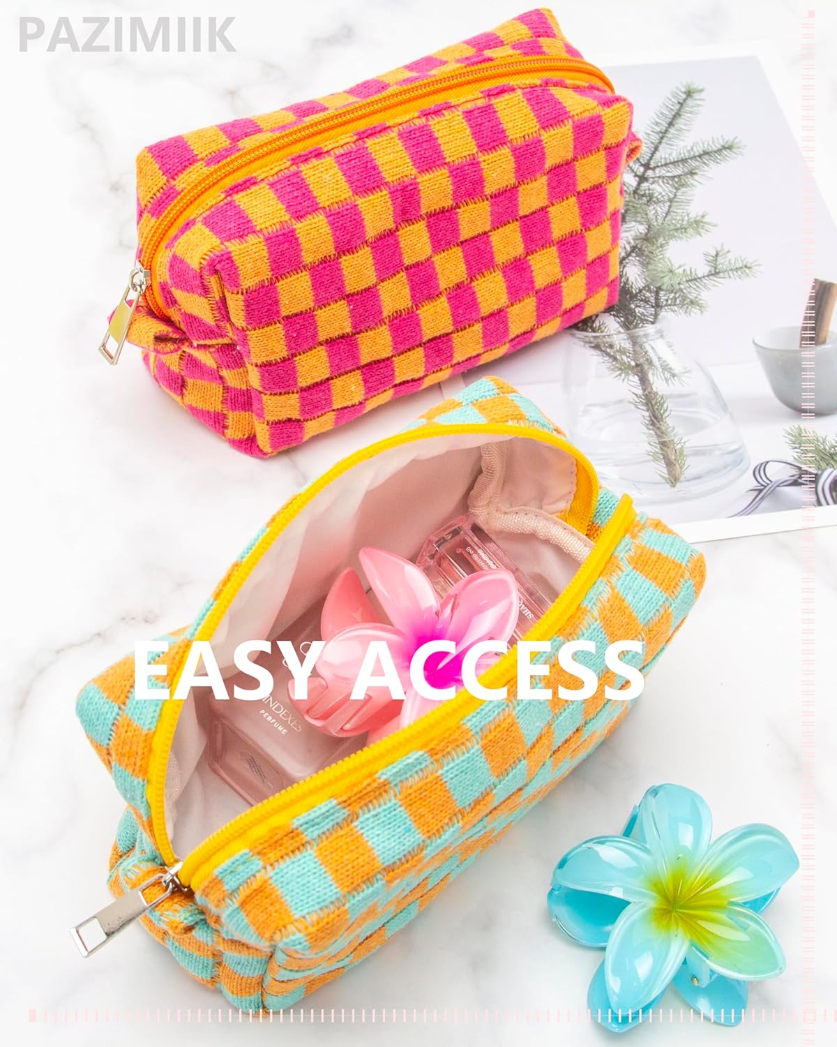 PAZIMIIK 6PCS Checkered Makeup Bag for Purse Portable Zipper Make Up Pouch Small Cosmetic Case for Travel Accessories Orange Green