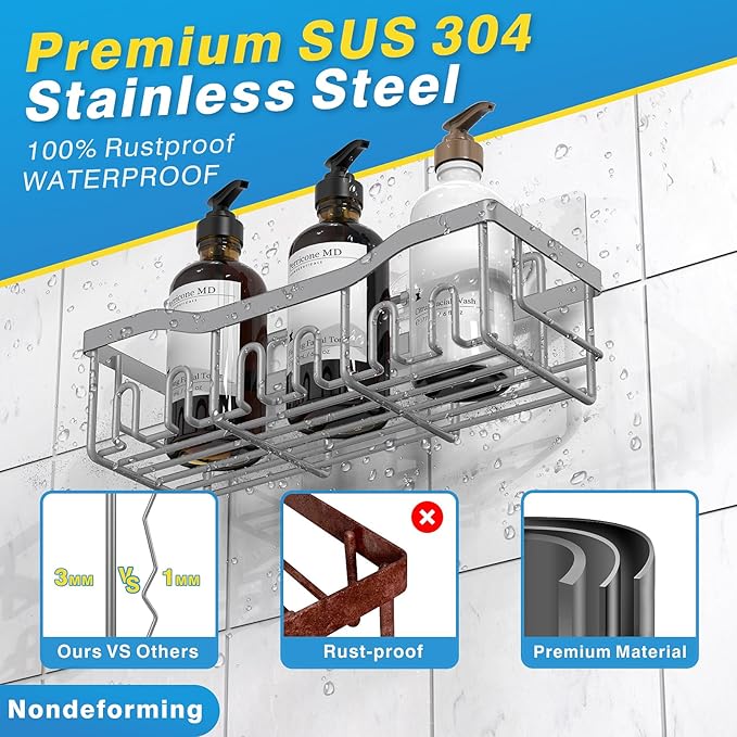 EUDELE Shower Caddy 2 Pack, Adhesive Shower Organizer for Home Decor & Kitchen Storage, No Drilling, Rustproof Stainless Steel Bathroom Shelf Organizer