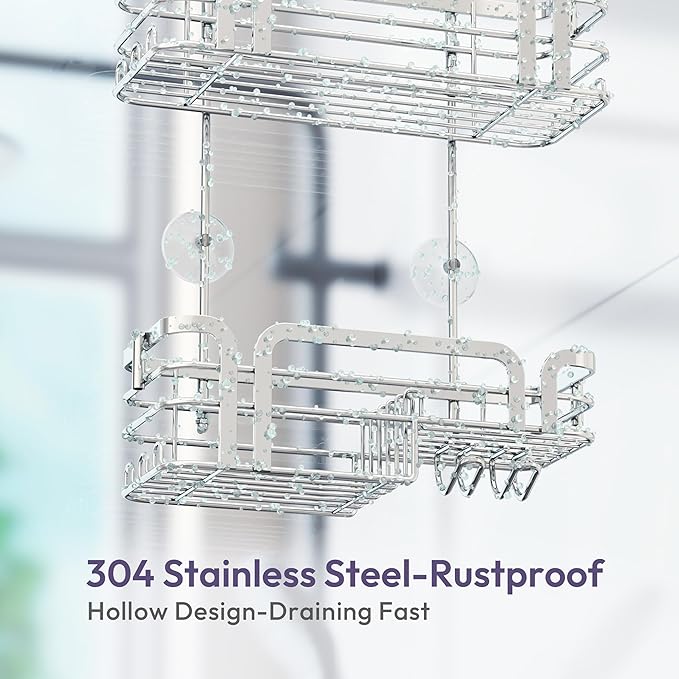 SWTYMIKI Shower Caddy Hanging Organizer - Over the Door Shower Caddy with Soap Holder, 11 Hooks, 2 Installation Ways, Stainless Steel Rustproof Bathroom Organizer, Silver