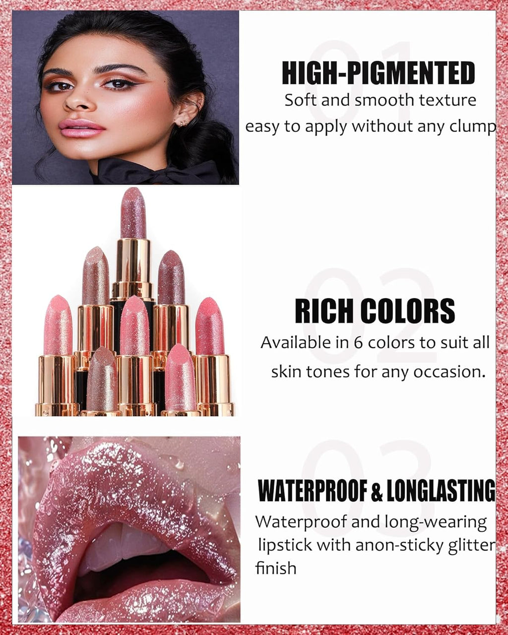 Metallic Glitter Lipstick Set Long Lasting,3 Pcs Diamond Shimmer Lip Gloss Pink Brown Red Rose Red Matte Lip Stick for Women,Sparkling Shiny Transfer Proof Non Stick Tinted Lip Balm Color Makeup-Set A