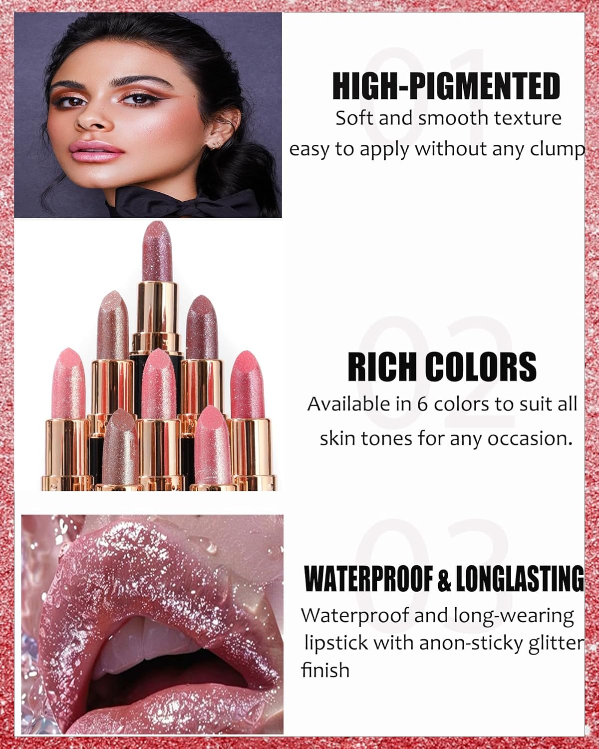 Metallic Glitter Lipstick Set Long Lasting,3 Pcs Diamond Shimmer Lip Gloss Pink Brown Red Rose Red Matte Lip Stick for Women,Sparkling Shiny Transfer Proof Non Stick Tinted Lip Balm Color Makeup-Set A
