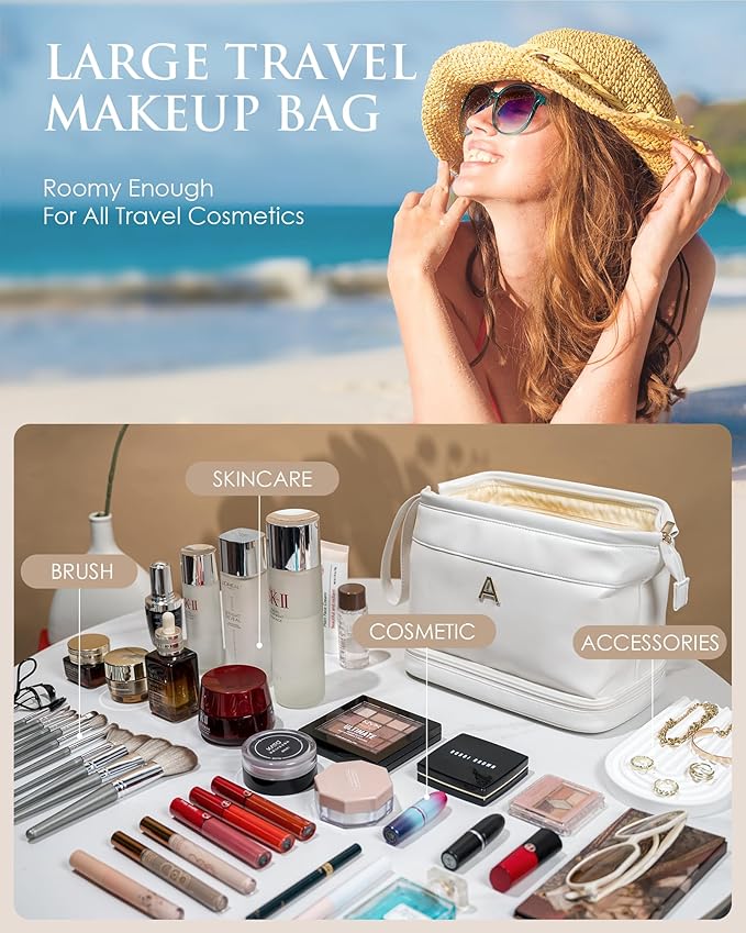 Girl Gift Ideas, White Makeup Bag, Initial Double Layer Cosmetic Bag with Makeup Brush Organizer, PU Leather Travel Toiletry Bag Gifts for Women Her Friend Sister Mom Gifts