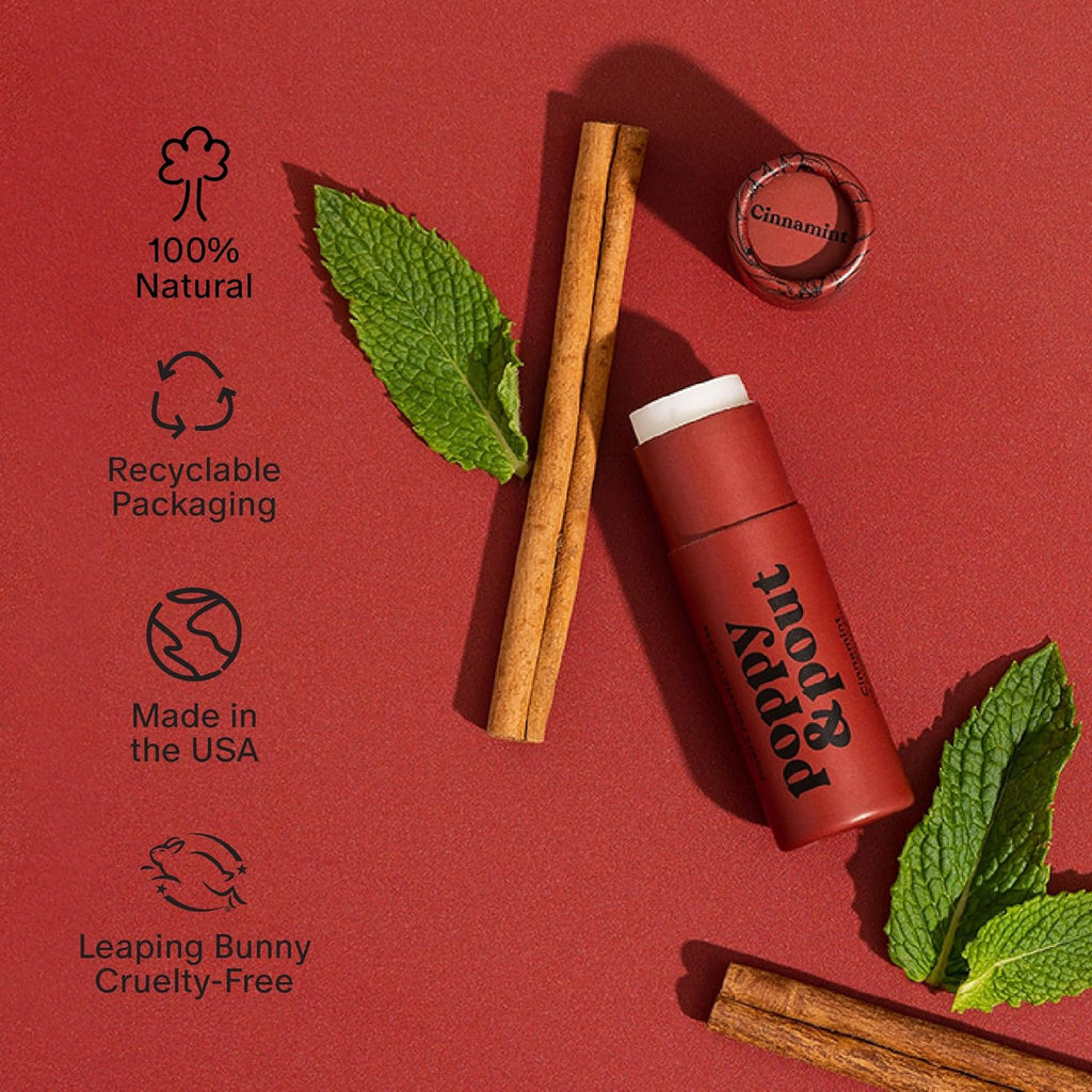 Poppy & Pout Lip Care Set | Lip Balm & Scrub | Sustainable Cardboard Tubes & Glass Jars, All Natural, Beeswax, Coconut Oil, Cruelty Free, Exfoliating & Moisturizing Lip Treatment (Cinnamint)