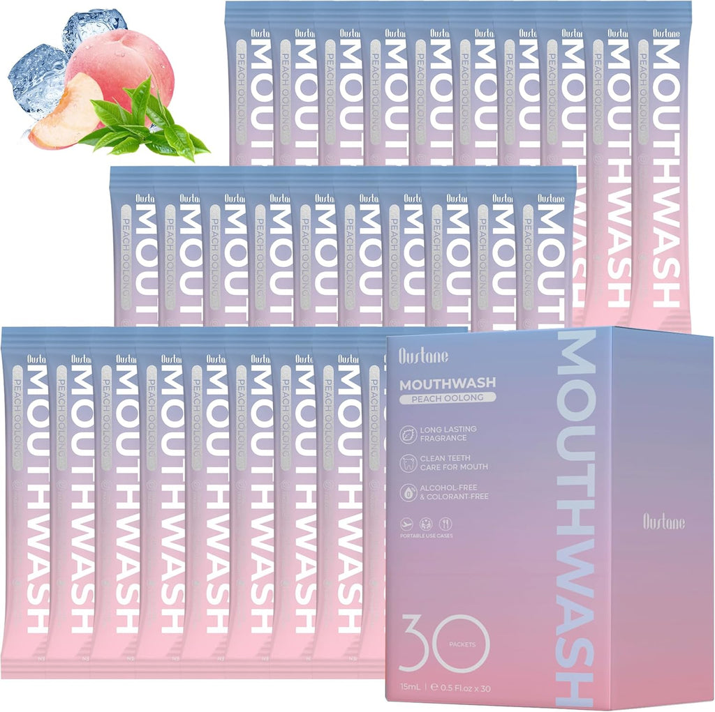 Travel Size Mouthwash, Peach Oolong Flavor, Alcohol-Free, 30-Pack Portable Packets, 0.5 Fl Oz Each, Long-Lasting Freshness (30)