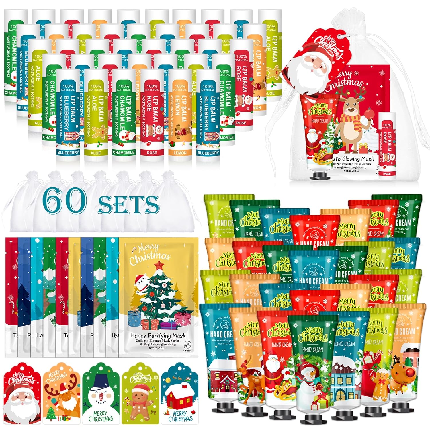 60 Pack Christmas Hand Cream, Facial Mask and Lip Balm Set, Stocking Stuffers for Women, Bulk Christmas Gifts for Coworkers, Party Supplies, Spa Party Favors and Decorations