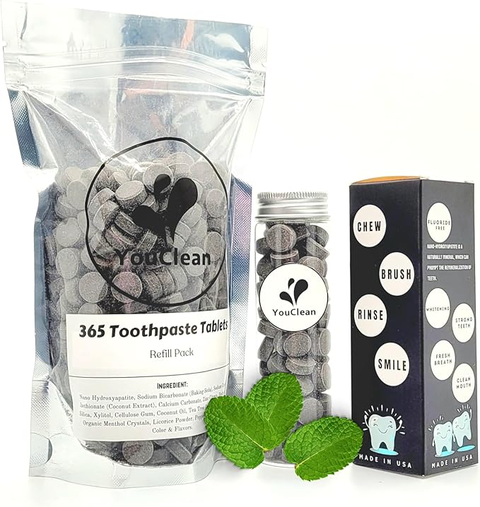 90 Toothpaste Tablets in Refill/Recycle Glass Tube - for Travel and Daily Home Office Use - Nano Hydroxyapatite, Fluoride-Free, Vegan (Charcoal Mint)