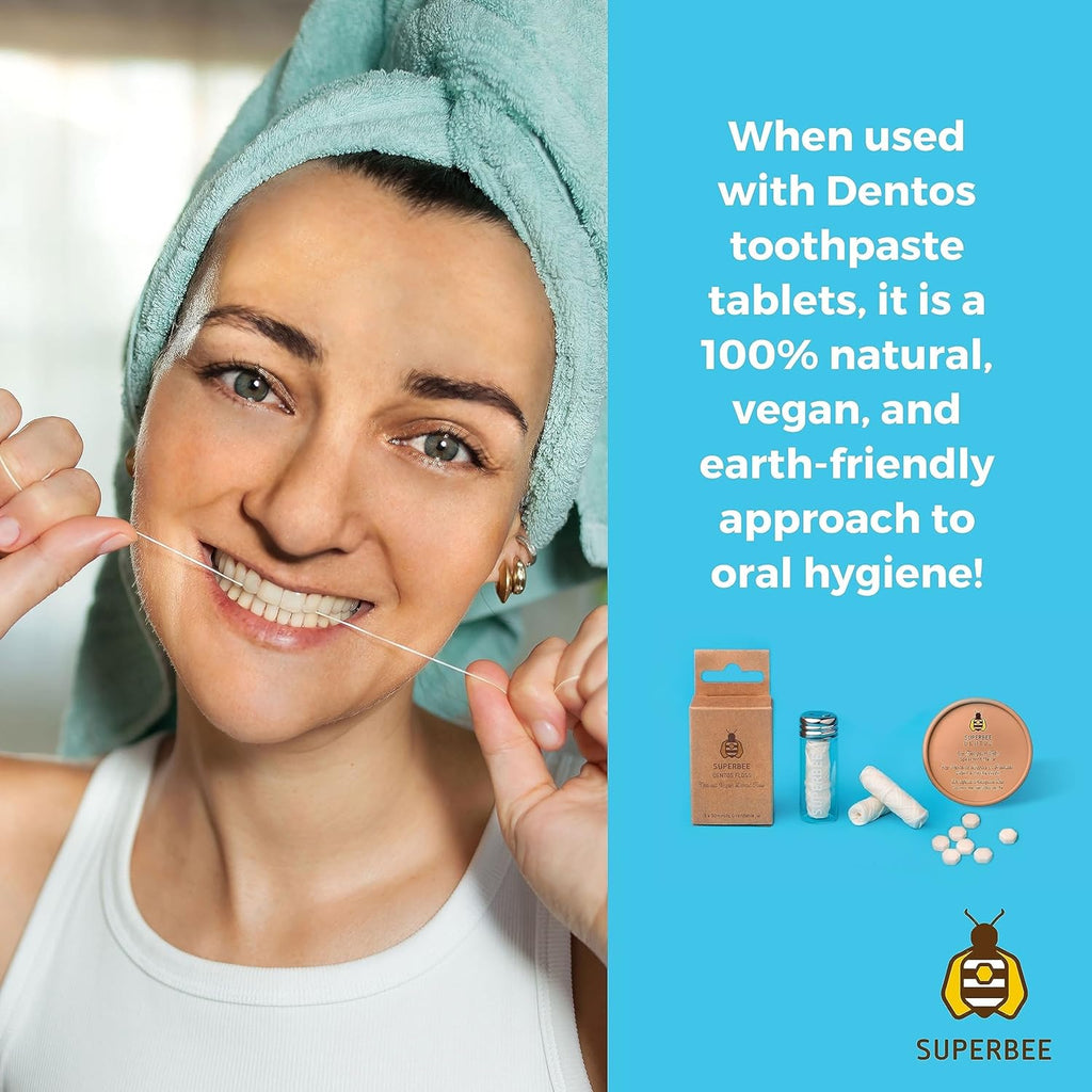 SuperBee Dentos Floss, 3 spools Dental Thread, Vegan and Natural Corn Fiber Floss, for Sensitive Gums Kids and Adults, Peppermint Flavored Fluff, Dental Yarn, Oral Care Routine