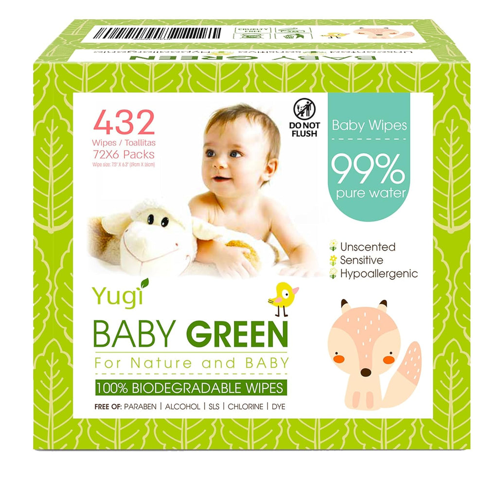 Yugi Green Baby Wipes – Unscented, Compostable, Biodegradable, Plant-Based, Fragrance-Free, for Sensitive Skin & Babies – 6 Packs of 72 (432 Count)