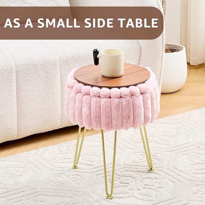 Wimarsbon Vanity Stool with Storage, Faux Fur Ottoman Chair with Metal Legs, Round Makeup Vanity Chair for Bedroom or Dressing Table, Modern Small Ottoman Seat (Pink)