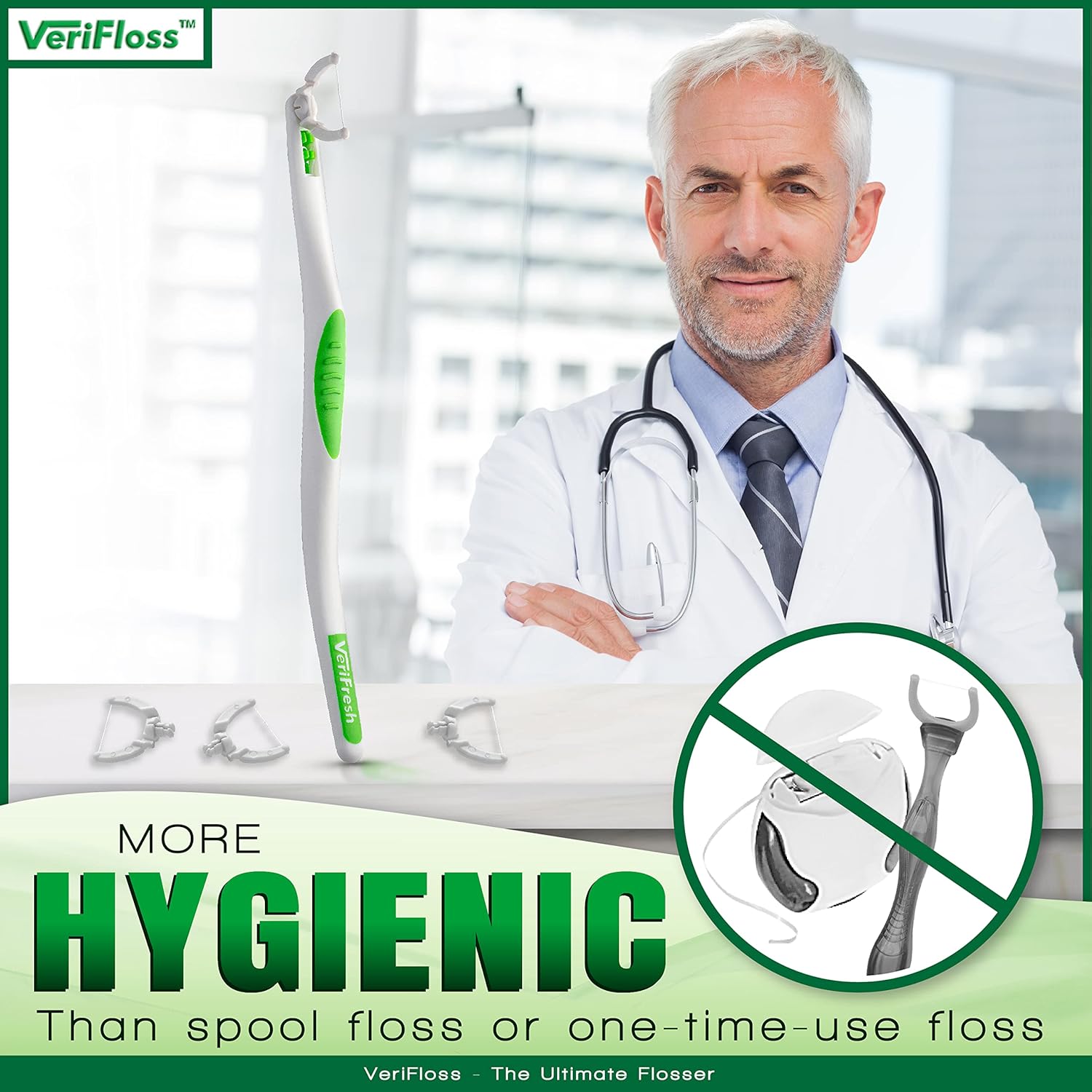 VeriFloss Dental Flosser with 10 Head Refill - Teeth Flossers for Adults & Kids, Flossing Tool - Ergonomic Design w/360° Swivel Head, Glide Lock - Reusable Floss Picks, Cleaning Kit - VeriFresh