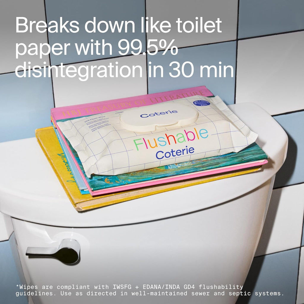 Coterie Flushable Wipes for Toddlers, Designed for Potty Training, Safe for Sensitive Skin, Hypoallergenic, 99% Water, Plant-Based, Fragrance Free, Sewer & Septic Safe, 16 Pack (448 Wipes)