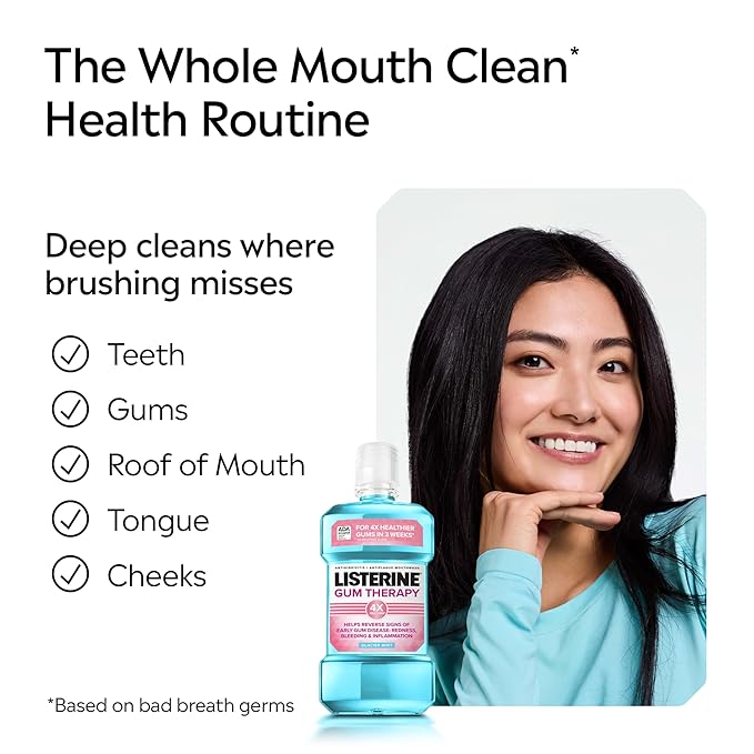 Listerine Gum Therapy Antiplaque & Anti-Gingivitis Mouthwash, ADA Accepted Oral Rinse Helps Reverse Early Gingivitis Signs Like Bleeding Gums, 4X Healthier Gums in 3 Weeks vs Brushing Alone, Mint, 1 L