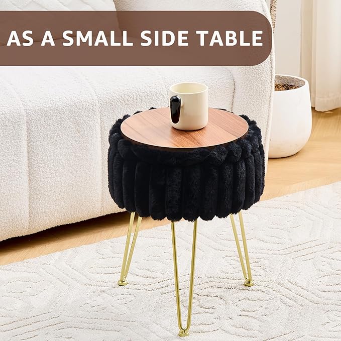 Wimarsbon Vanity Stool with Storage, Faux Fur Ottoman Chair with Metal Legs, Round Makeup Vanity Chair for Bedroom or Dressing Table, Modern Small Ottoman Seat (Black)