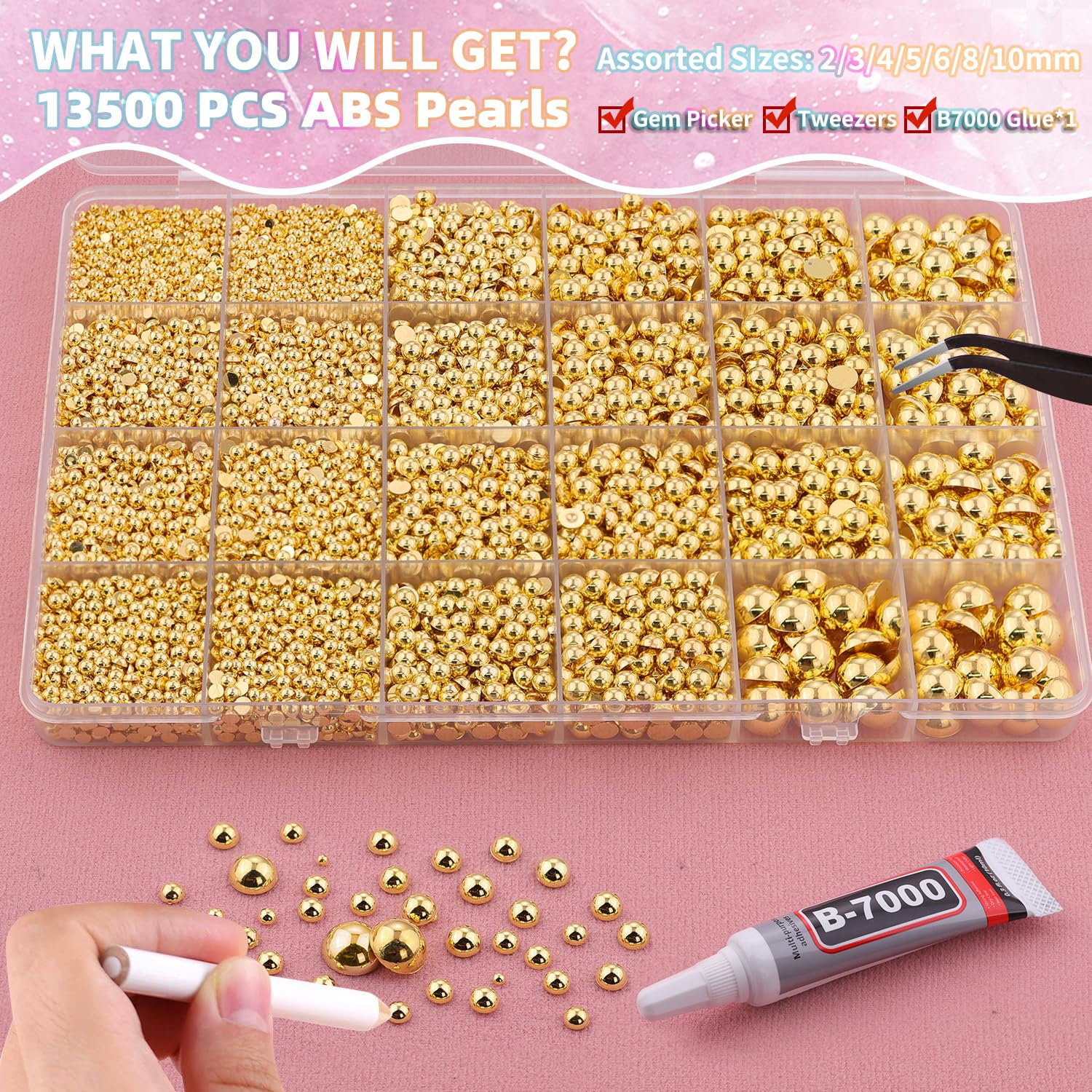 13500Pcs Flatback Pearls for Bedazzling (Gold) with B7000 Jewelry Glue, Assorted Size 2/3/4/5/6/8/10mm Half Pearl, Bedazzling Gems for Crafting Clothing Tumbler Shoes Embellishment Nail Art