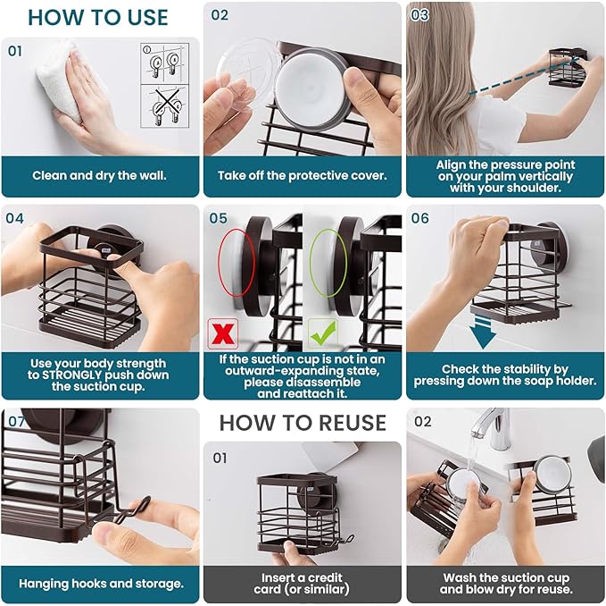 TAILI Patented Suction Cup Toothbrush Holder, Stainless Steel Anti-Puddling Toothbrush Shower Holder, No Drilling Removable Organizer for Bathroom Toothpaste, Razor, Kitchen and Office Items, Brown