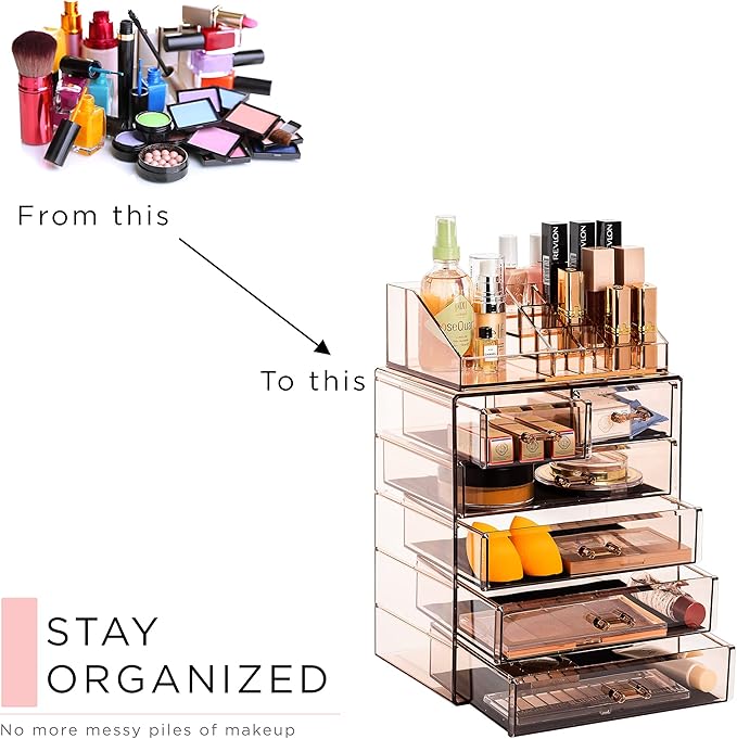 Sorbus Acrylic Makeup Organizer Set, 6-Drawer Vanity & Countertop Cosmetic Storage with Small & Wide Compartments, Bronze Glow Makeup Storage for Brushes, Jewelry – Holiday Gift for Women & Teens