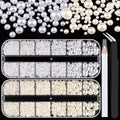 2700 Pcs Flat Back Pearls Kits, 1 Box of Flatback White+1 Box of Beige Small Half Round Pearls with Pickup Pencil and Tweezer for Nail Art Face Makeup Graduation Cap Decorations DIY and Craft