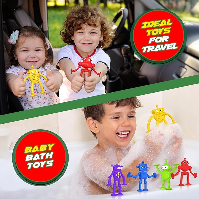 Baby Bath Toys Suction Toy: No Hole Bath Toy for Toddlers - Robot Fidget Suction Cup Toys - Window Building Sensory Toy for Boys Girls Travel Gifts - Christmas Stocking Stuffers for Kids