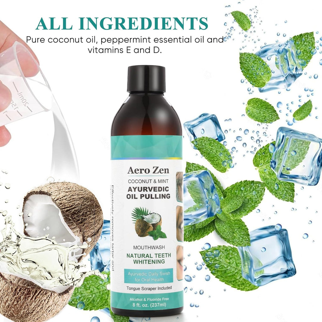 2-Pack Coconut Oil Pulling Mouthwash with Peppermint - Alcohol-Free Oral Care - Fresh Breath Solution - Organic Essential Oils Formula with Tongue Scraper - Gum Health Treatment - 237ML