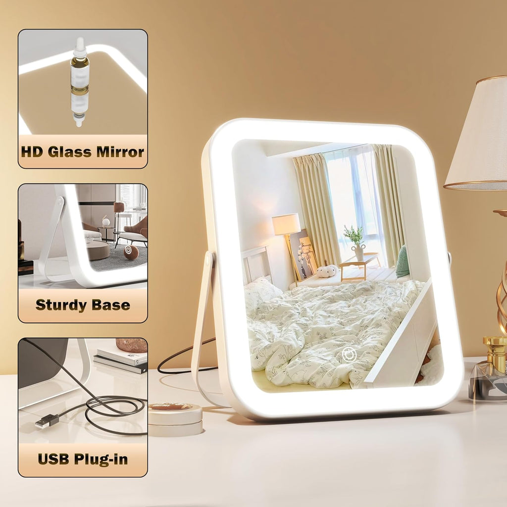 10"x8" Portable Lighted Makeup Mirror with 3-Color Dimmable LED, Touch Screen Vanity Mirror for Travel or Bedroom Desk (White)