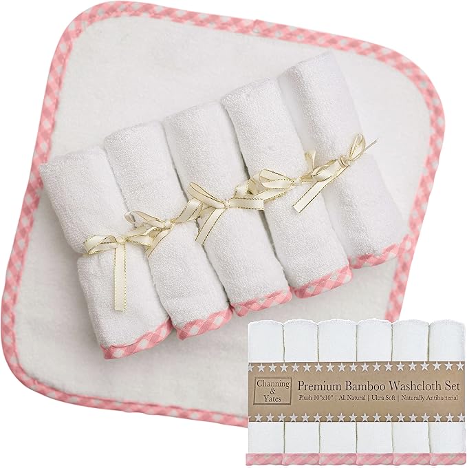 Channing & Yates Premium Boutique Baby Washcloths - (6-Pack) Organic Viscose Made from Bamboo Wash Cloths 2X Thick & Soft - Helps Eczema - Adult Face Washcloths - (Pink on White)