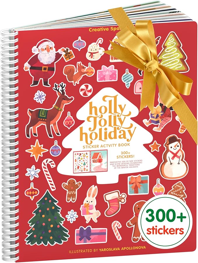 CUPKIN Holly Jolly Holiday Stickers for Kids Toddler Sticker Book, Santa Christmas Activity Book, Toddler Travel Essentials, 300+ Christmas Stickers + 8 Sticker Scenes and Coloring Pages, Ages 2+