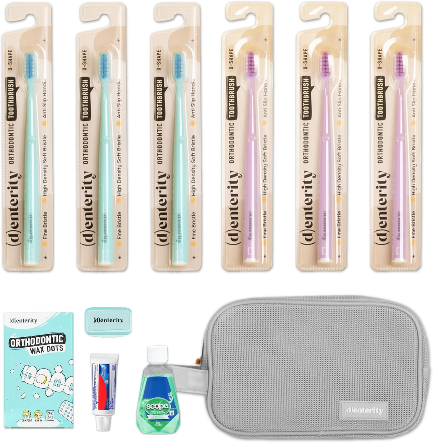 U-Shape Toothbrush Braces Care Kit, 11-Piece Orthodontic Travel Set with Wax, Toothpaste, Mouthwash & Pouch | Braces Hygiene Essentials for Teens & Adults