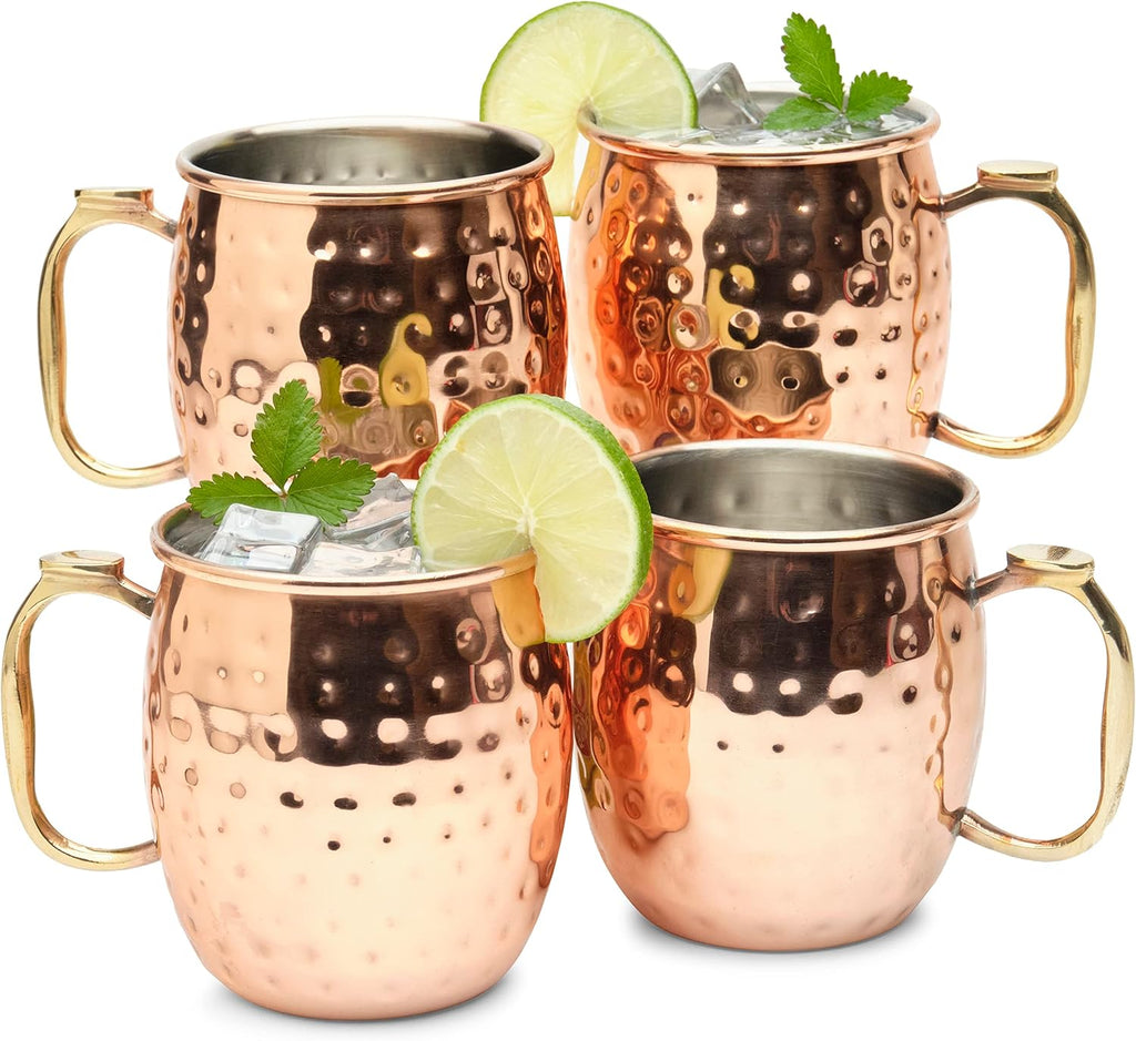 Moscow Mule Mugs Set of 4| Food Safe | High Grade Stainless Steel Mugs with Pure Copper Plating | Brass Handles with Thumb Rest |19 Oz | Large Size
