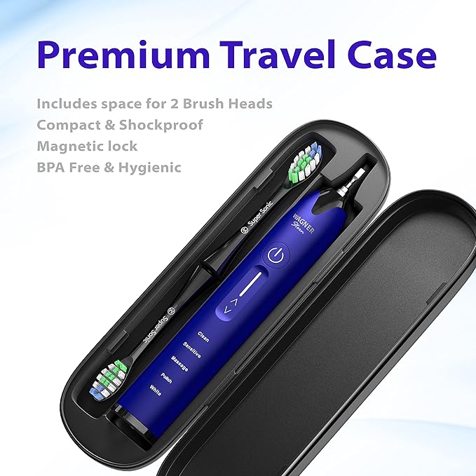 Wagner Stern Ultrasonic whitening Toothbrush with Pressure Sensor. 5 Brushing Modes and 4 Levels of Intensity, 8 Soft bristles, Travel case.