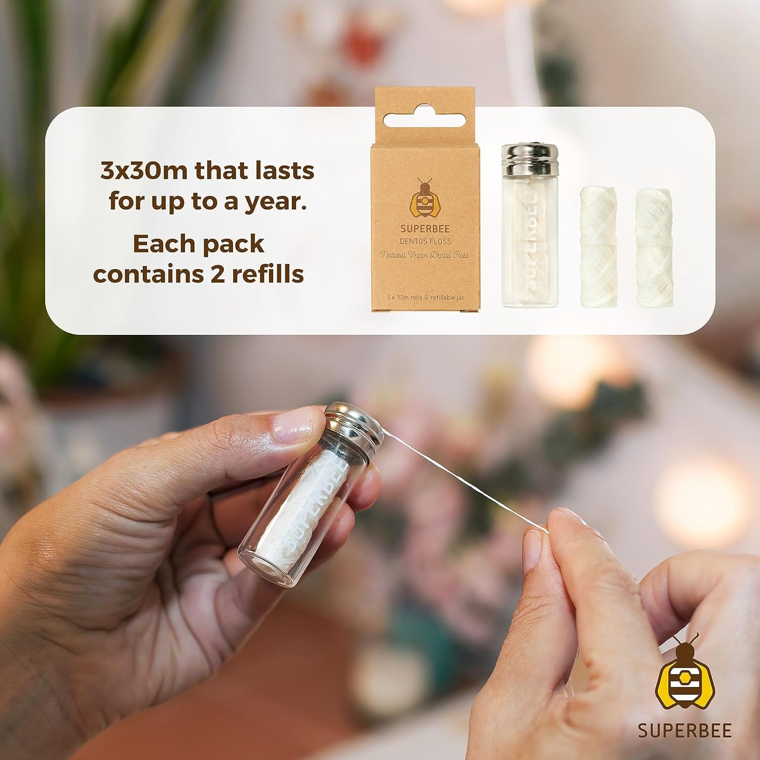 SuperBee Dentos Floss, 3 spools Dental Thread, Vegan and Natural Corn Fiber Floss, for Sensitive Gums Kids and Adults, Peppermint Flavored Fluff, Dental Yarn, Oral Care Routine