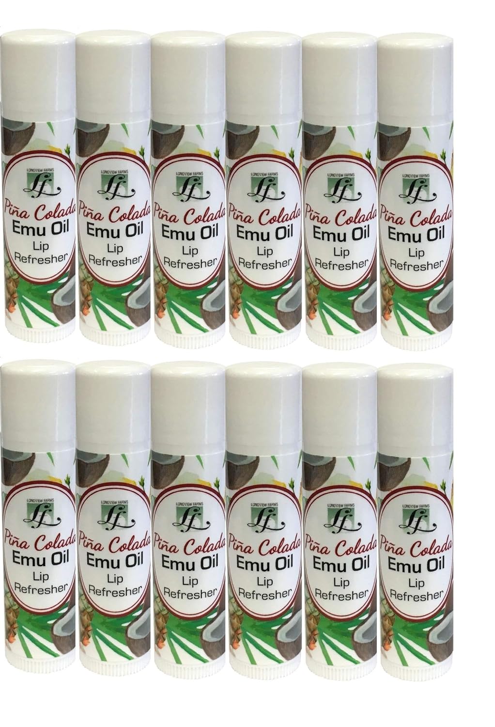 Longview Farms® Emu Oil Lip Refresher – Natural oil Lip Balm, Hydrating Lip Repair & Healing Balm for Very Dry Lips, Chapstick - Pina Colada (12 Pack)
