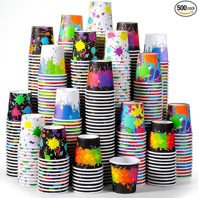 Tiamon 500 Pack 2 oz Paper Cups, Mini Mouthwash Disposable Bathroom Small Paper Drinking Espresso Cups for Home Office Travel Picnic Party Supplies(Artist Paint)