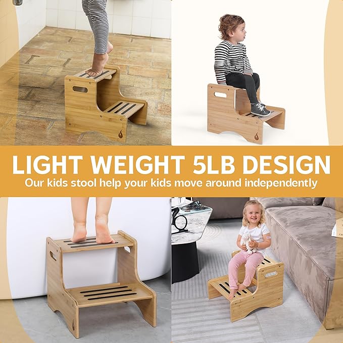 Wooden Kids Step Stool | 13" W by 12" H - 300LB Capacity | Kids Stool & Toddler Stool for Bathroom is Lightweight, Anti-Slip, Easy Assembly with Smooth Rounded Edges, Bamboo Step Stool