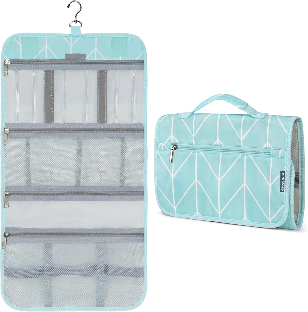 PAVILIA Hanging Toiletry Bag Women Men, Travel Kit Foldable Large Toiletries Organizer, Roll up Cosmetics Makeup Bag Accessories, Waterproof Essentials Jewelry Case (Teal Chevron)