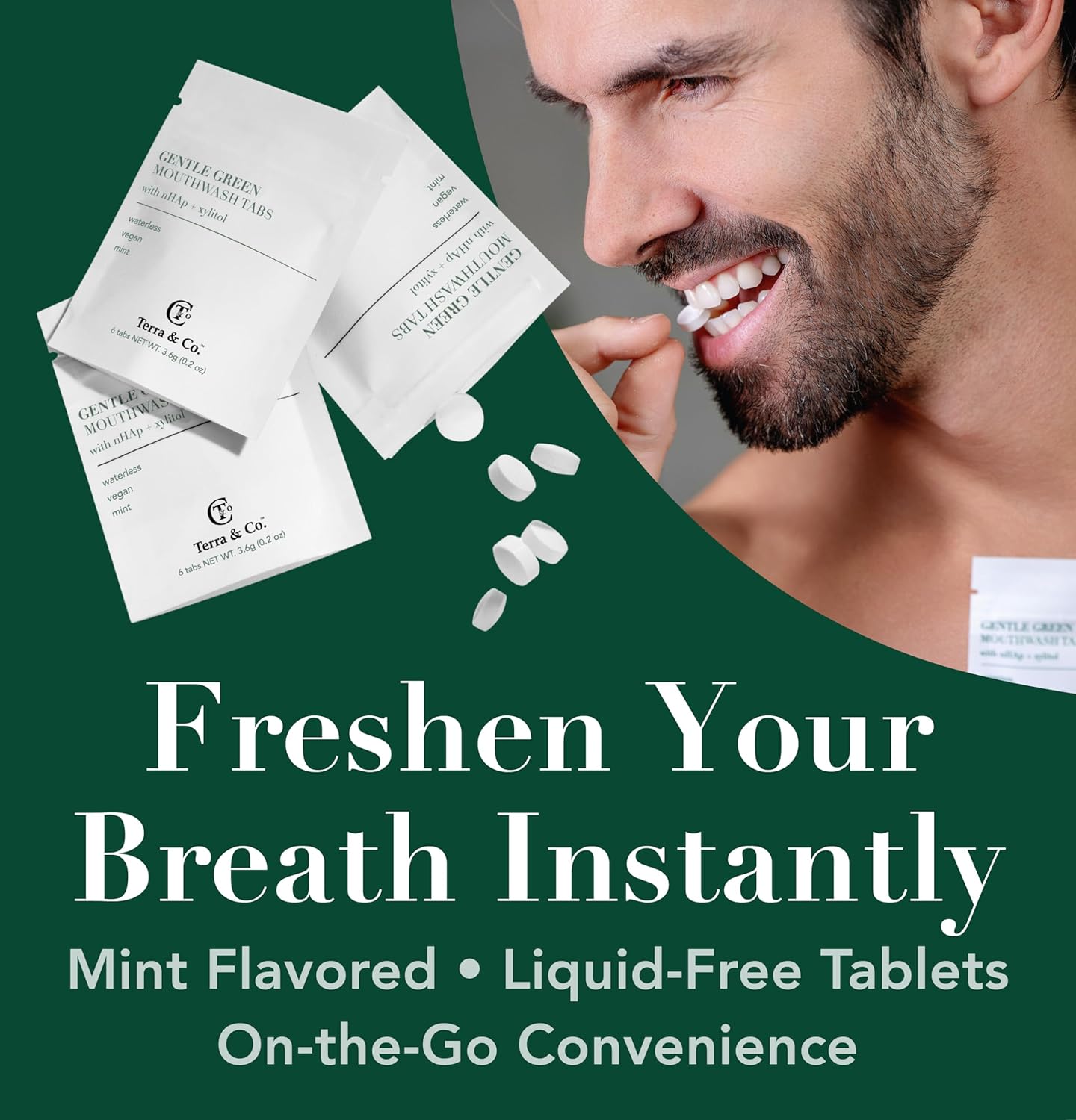 Terra & Co. Gentle Green Mouthwash Tablets – 10 Travel Sachets with 6 Fluoride-Free Tabs Each – Nano-Hydroxyapatite for Oral Health – TSA-Compliant, Plastic-Free, Mint Flavor, Eco-Friendly